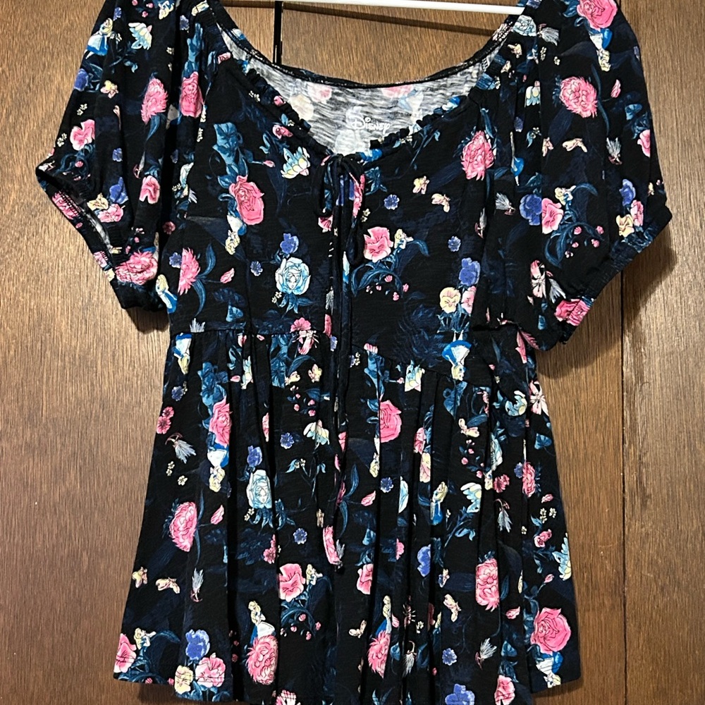 Floral Women's Top - Black with Pink and Blue Accents